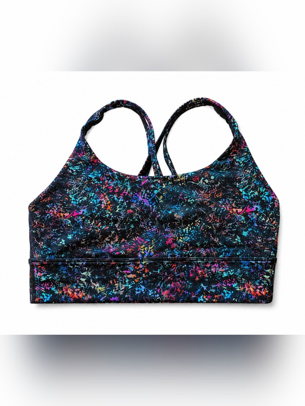 Lululemon Energy Sports Bra Women's Size 6 Black Multicolor Paint Splatter Cross